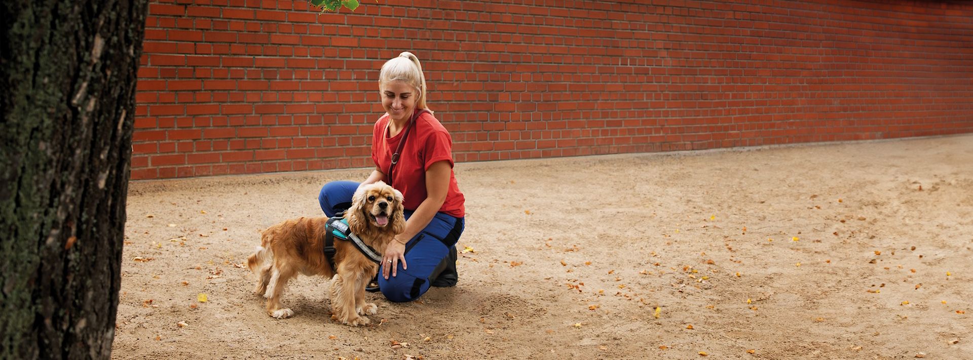 Eine Frau in der Hocke mit einem kleinen Hund.