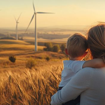 © www.adobestock.com - Toqeer Mutter und Kind blicken gemeinsam auf ein Feld. Im Hintergrund stehen Windräder