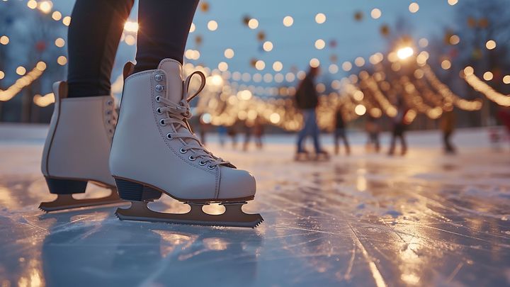Drei Mädchenfahren fahren hinter zwei Frauen mit Schlittschuhen her 