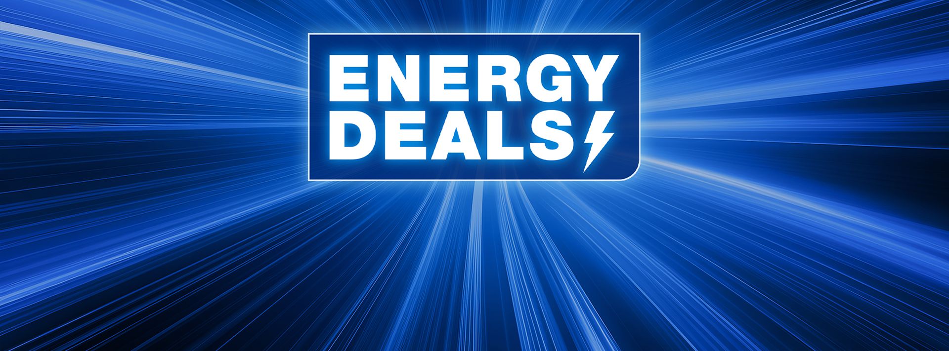 Blauer Hintergrund mit Lichtstrahlen, mittig weißes Logo „ENERGY DEALS“ mit Blitzsymbol.