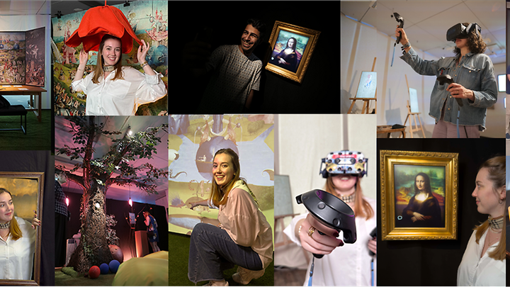 Person betrachtet ein Gemälde, rechts erlebt eine weitere Person virtuelle Kunst mit VR‑Brille vor dunklem Hintergrund.