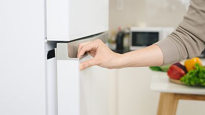 © adobe.stock.com/makistock Hand schließt Tür eines Kühlschranks