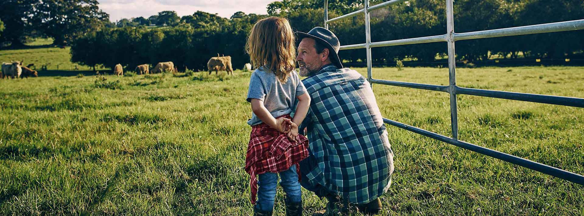 © iStock.com/pixdeluxe Vater und Tochter beobachten Kühe auf einer Weide