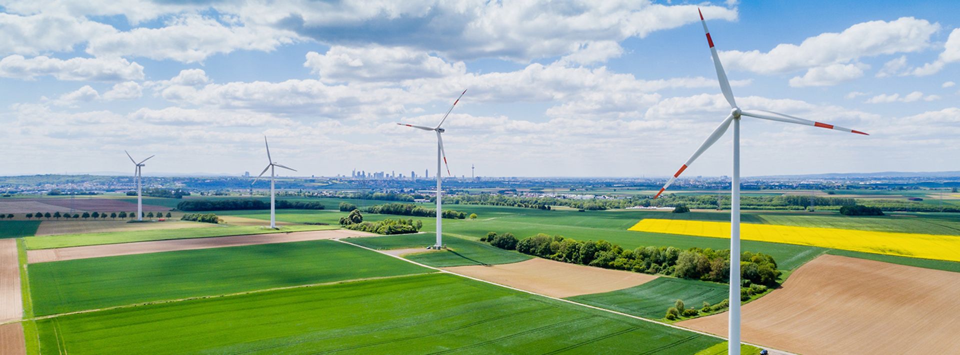 © Dennis Möbus Vier große Windräder auf Wiesen und Ackern, im Hintergrund die Skyline von Frankfurt