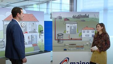 Zwei Personen stehen vor Schautafeln, die technische Diagramme von Häusern und Energieversorgungssystemen zeigen.