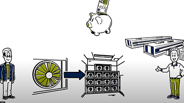 © Mainova Ein Mann steht mit Sparschwein und Ventilator vor Servern und zeigt auf die Technik im Serverraum.