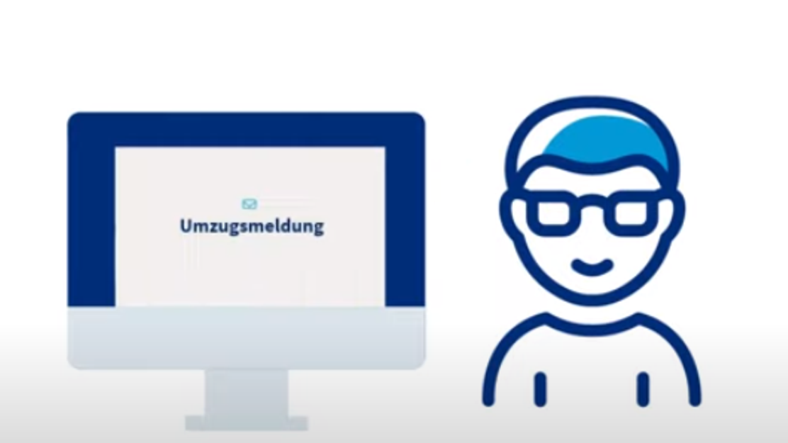 © Mainova Mann mit Brille vor einem Computer auf dem Umzugsmeldung geschrieben steht (Grafik)