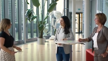 Drei Personen stehen in einem modernen, hellen Raum mit großen Fenstern und Pflanzen.