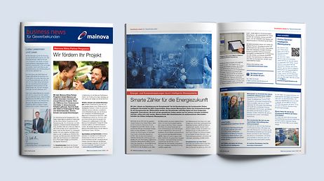 Eine Ausgabe der business-news für Gewerbekunden mit Artikeln und Bildern zu Energieprojekten und smarten Messsystemen.