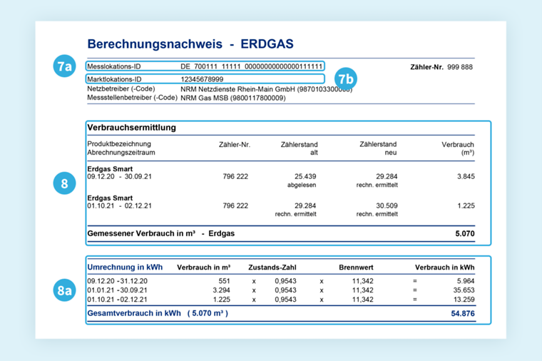 Musterrechnung Erdgas: MeLo-ID, MaLo-ID und Verbrauch
