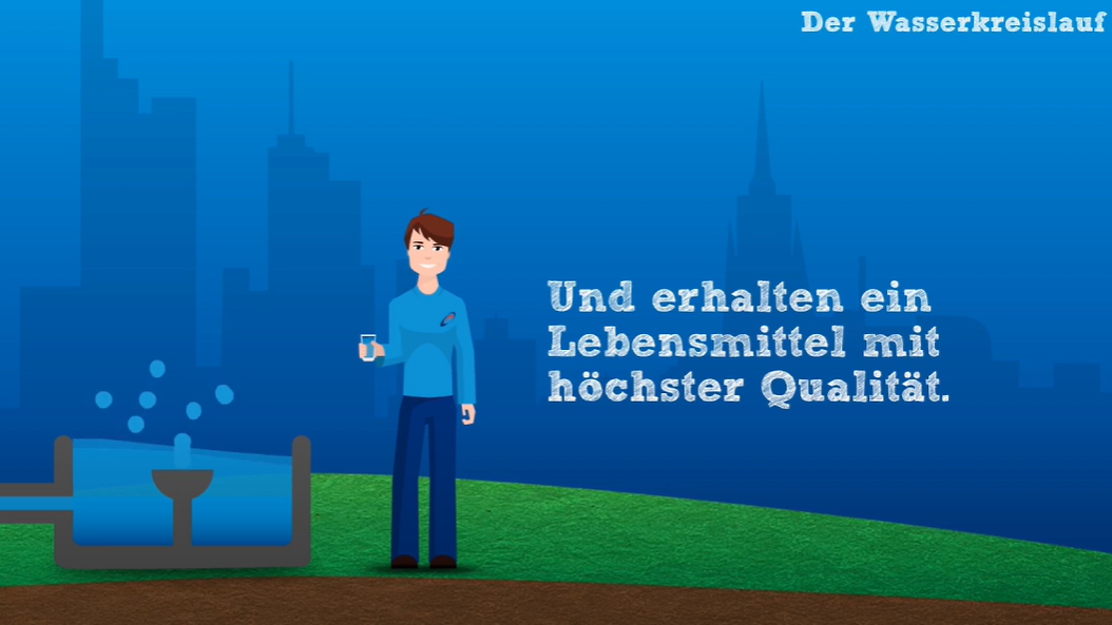 Illustration eines Männchens, das vor einer Wasserquelle steht und ein Glas Wasser in der Hand hält.