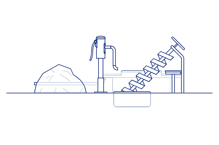 Illustration einer Wasserpumpe und einer archimedischen Schraube.