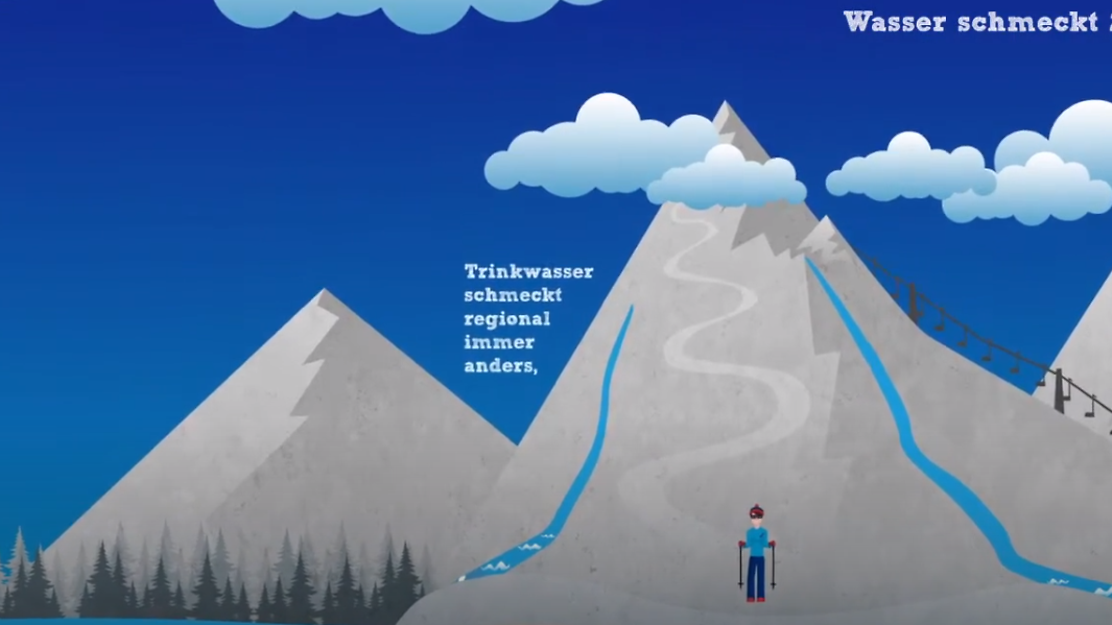 Illustration einer Person, die vor Bergen mit Wolken und einem Fluss steht.