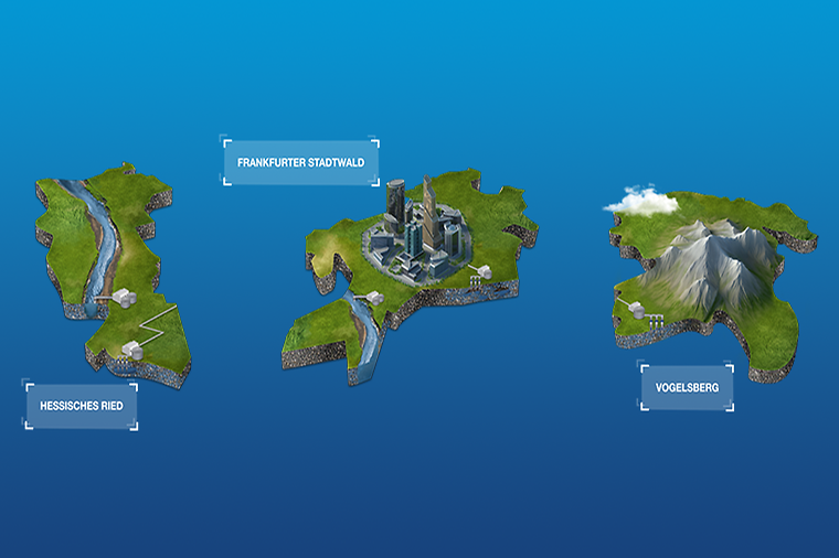 Drei 3D-Karten zeigen Hessisches Ried, Frankfurter Stadtwald und Vogelsberg.