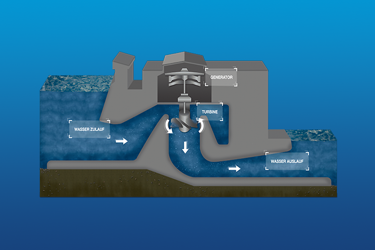 Ein Wasserkraftwerk mit Wasserzulauf, Turbine, Generator und Wasserauslauf.