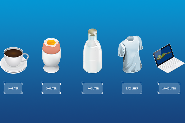 Eine Tasse Kaffee, ein Ei, eine Milchflasche, ein T-Shirt und ein Laptop auf blauem Hintergrund.